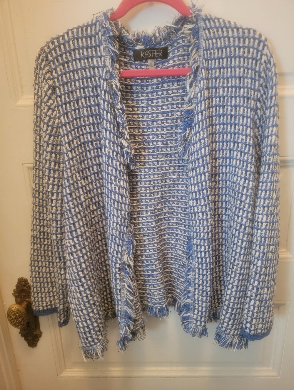 Kasper Blue and White Fringed Open-Front Cardigan XL